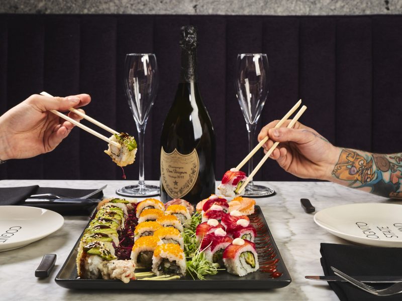 Japanese sushi sharing platter with a bottle of Dom Perignon champagne at Cognito Lincoln